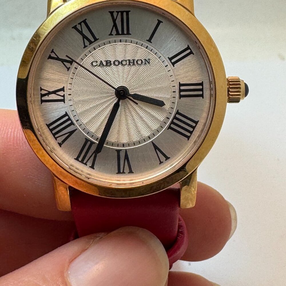 Women's Cabochon Analog Dress Watch Red Leather Band Rose Gold Tone Case R9